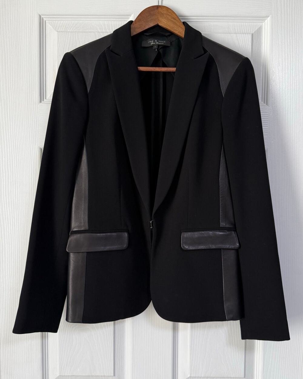 Rag & Bone Women's Black Silk Blend Lamb Leather Mixed Media Blazer Size 6